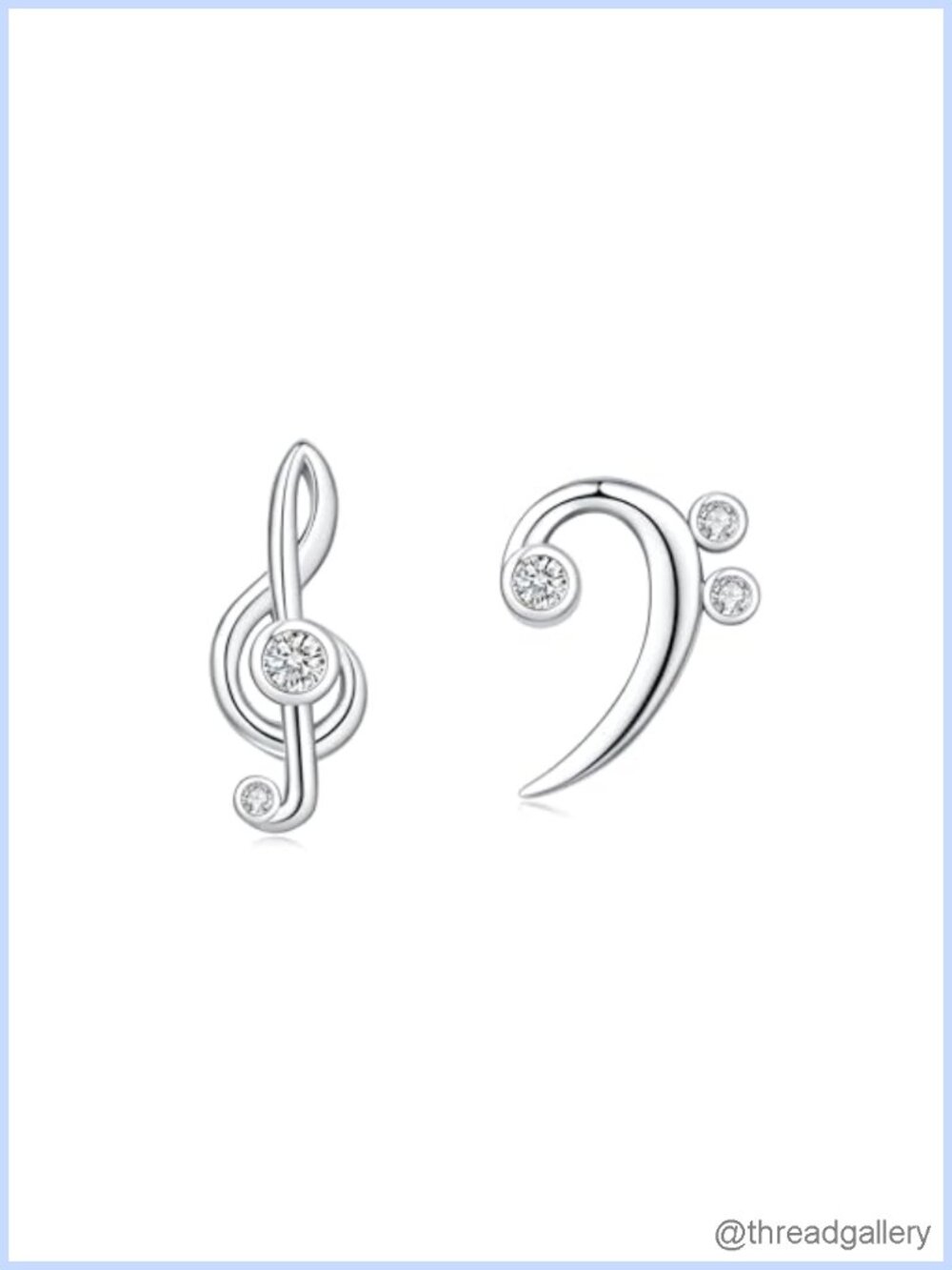 925 Sterling Silver Music Note Stud Earrings Treble Bass Clef CZ